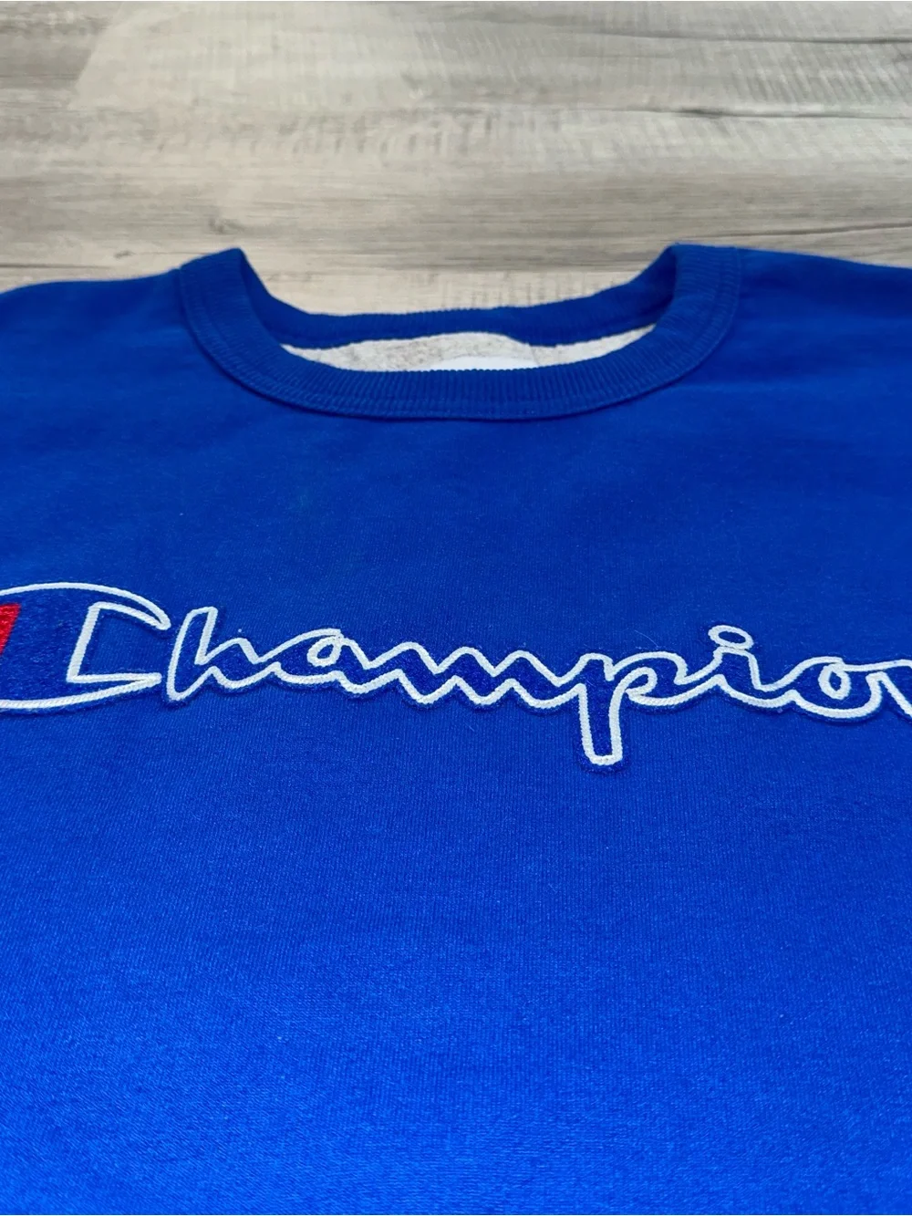Champion Powerblend Fleece Crew Felt Script Logo Chainstitch GF88H Blue Sz XL